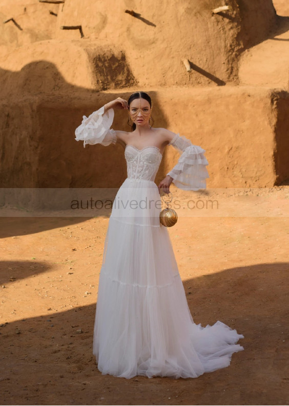 Ivory Lace Tulle Bohemian Wedding Dress With Removable Sleeves